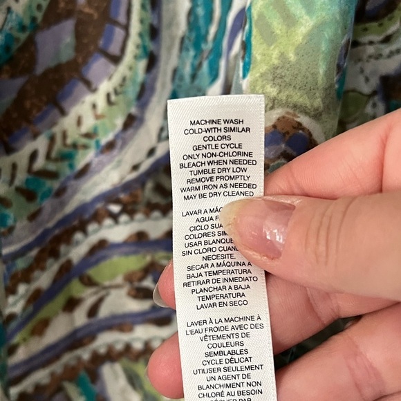 Chico's Women's Taupe Green Turquoise Paisley Lace Up Tie Neck Blouse Top - Picture 9 of 11